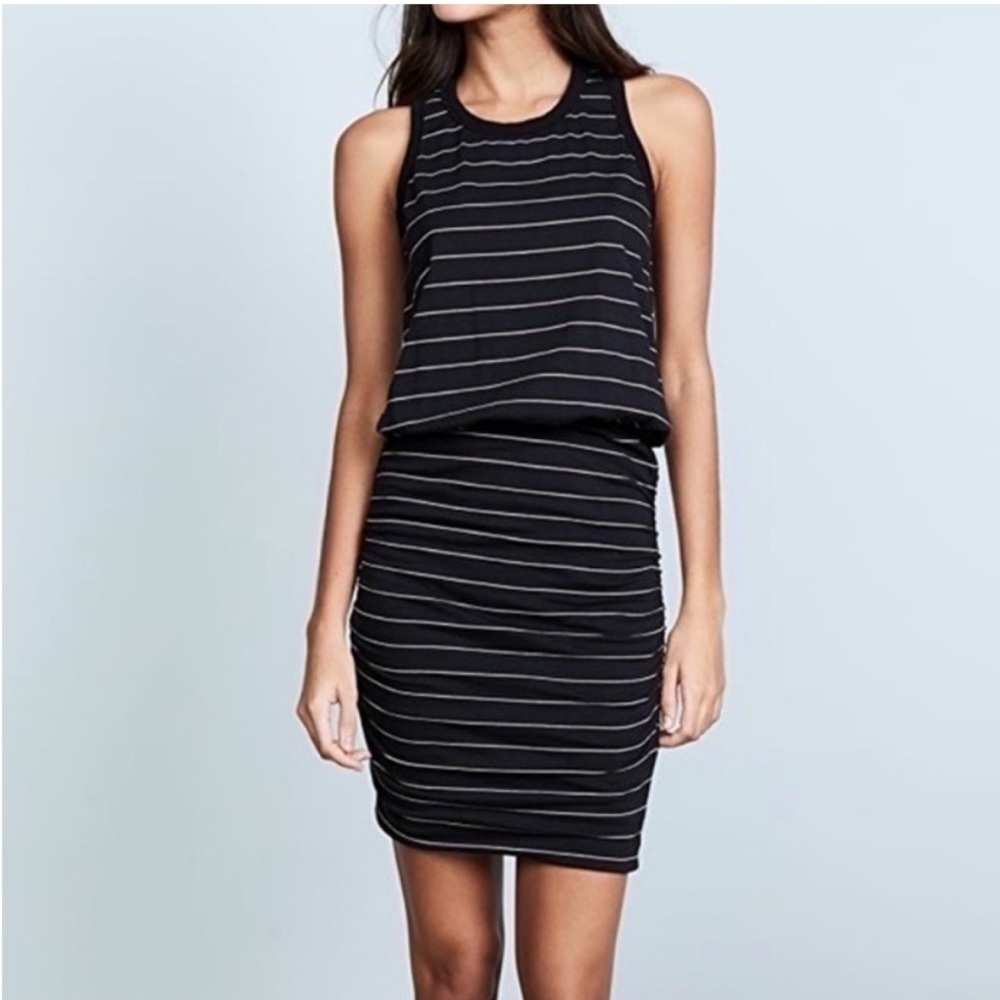 Sundry Black White Striped Ruched Tank Mini Dress